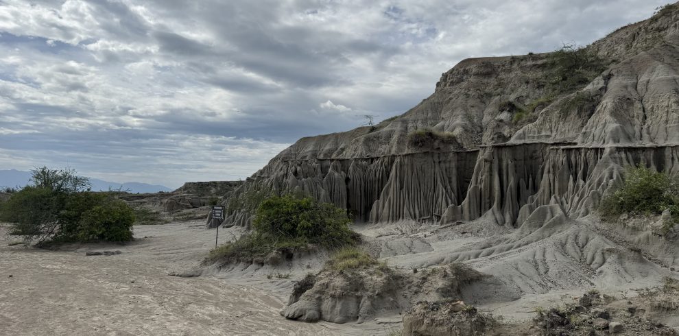 Formaciones grises del desierto de la Tatacoa bajo un cielo nublado