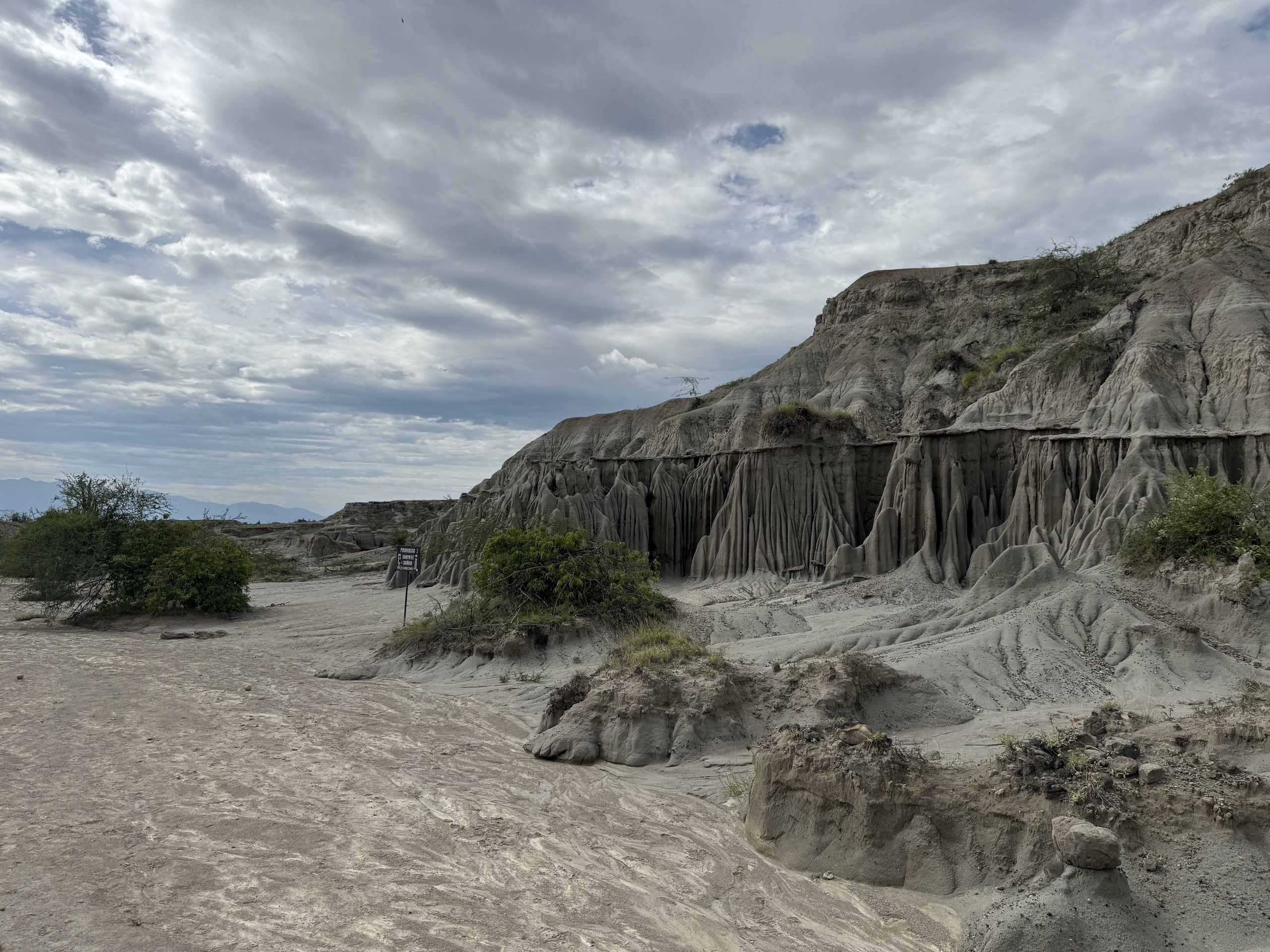 Formaciones grises del desierto de la Tatacoa bajo un cielo nublado